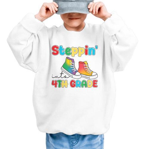 Steppin Into Fourth Grade Back To School First Day 4th Grade Graphic Kid Sweatshirt - Savourry