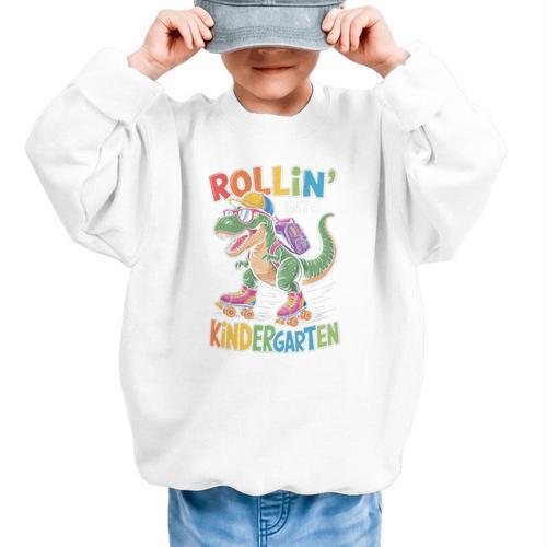 T Rex Rollin Into Kindergarten Back To School First Day Boys Graphic Kid Sweatshirt - Savourry