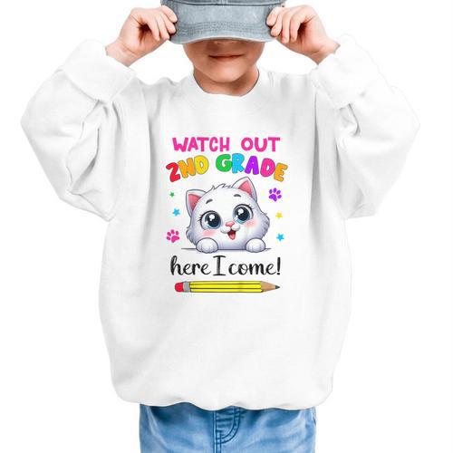 Watch Out 2nd Grade Here I Come Girls Cat Back To School Graphic Kid Sweatshirt - Savourry