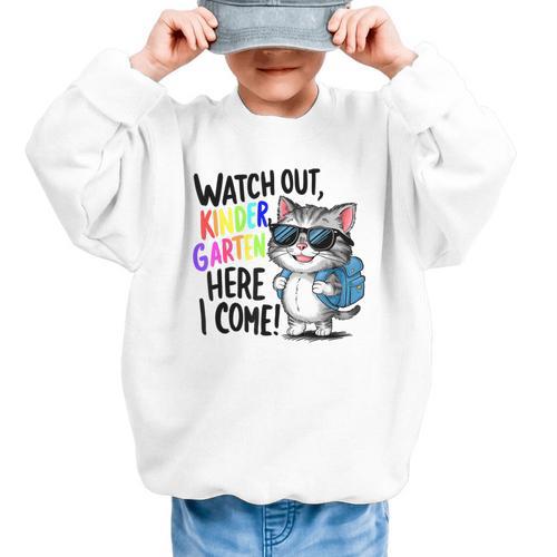 Watch Out Kindergarten Here I Come Cute Cat Back To School Graphic Kid Sweatshirt - Savourry