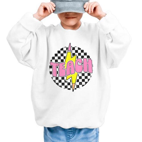 Women Checkered Teach Pencil Lightning Bolt Back To School Graphic Kid Sweatshirt - Savourry
