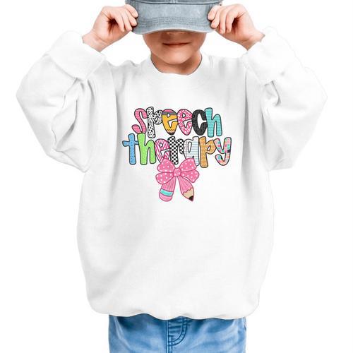 Women Speech Therapy Coquette Bow Pencil Back To School SLP Graphic Kid Sweatshirt - Savourry