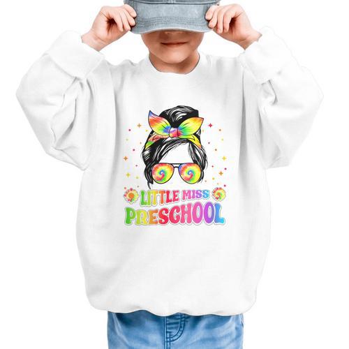 Women's Little Miss Preschool Messy Bun Tie Dye Back To School Girls Graphic Kid Sweatshirt - Savourry