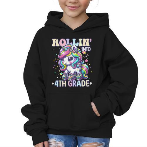 4th Grade Back To School First Day Girls Rollin Unicorn Graphic Kid Hoodie - Savourry