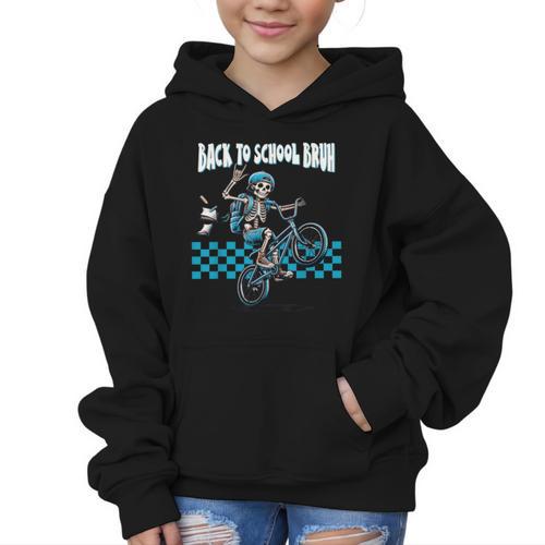 Back To School Bruh Boy Skeleton Riding On a BMX Bike Graphic Kid Hoodie - Savourry