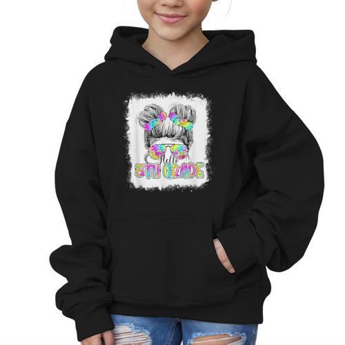 Back To School Hello 5th Grade Cute Messy Bun Tie Dye Girls Graphic Kid Hoodie - Savourry