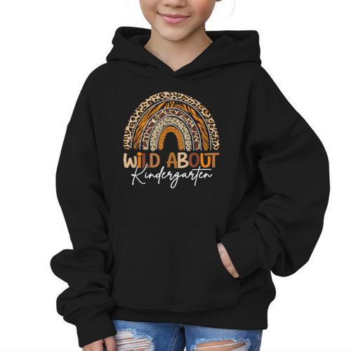 Back To School Wild About Kindergarten Leopard Rainbow Graphic Kid Hoodie - Savourry
