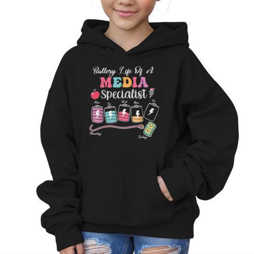 Battery Life Of A Media Specialist Back To School Graphic Kid Hoodie - Savourry