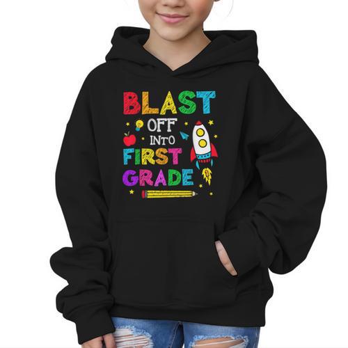 Blast Off Into First Grade Squad First Day Back To School Graphic Kid Hoodie - Savourry