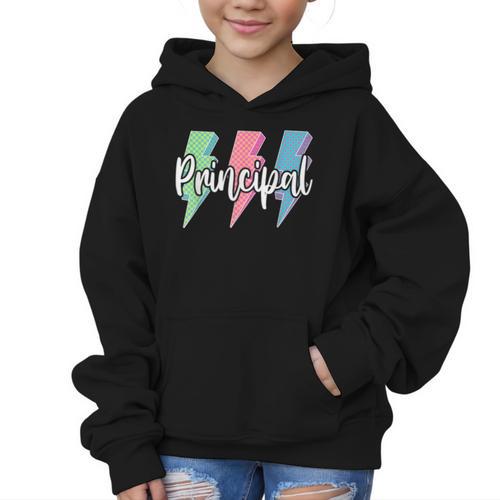 Checkered Principal Lightning Bolt Back To School Graphic Kid Hoodie - Savourry