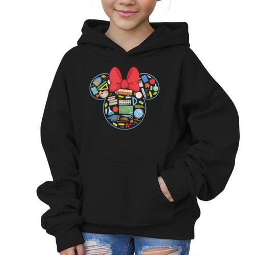 Disney Minnie Mouse Back To School Supplies Face Outline Graphic Kid Hoodie - Savourry