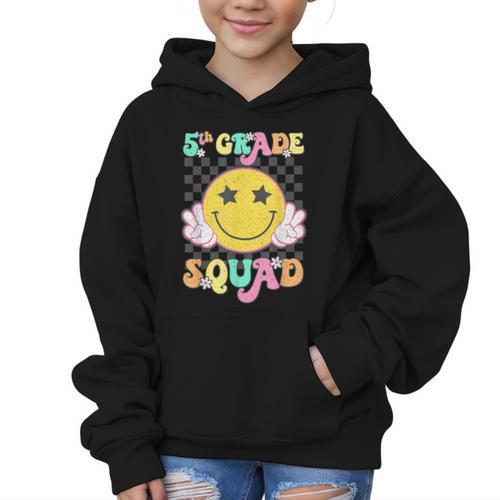 Fifth Grade Squad Smile Retro Back To School 5th Grade Graphic Kid Hoodie - Savourry