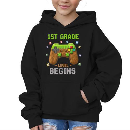 First Day Of 1st Grade Level Begins Back To School Boy Graphic Kid Hoodie - Savourry