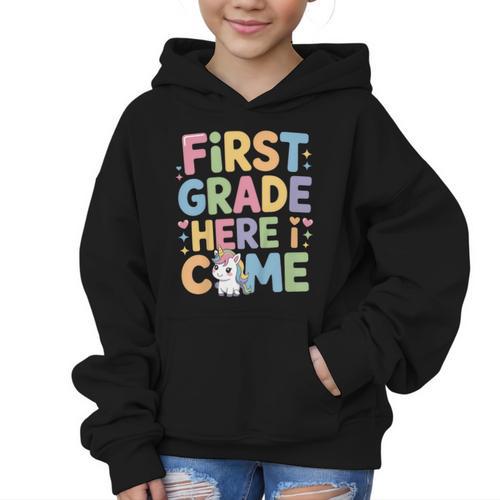 First Grade Here I Come Unicorn Back To School Graphic Kid Hoodie - Savourry