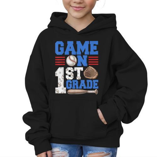 Game On First Grade Boy Baseball Back To School Graphic Kid Hoodie - Savourry