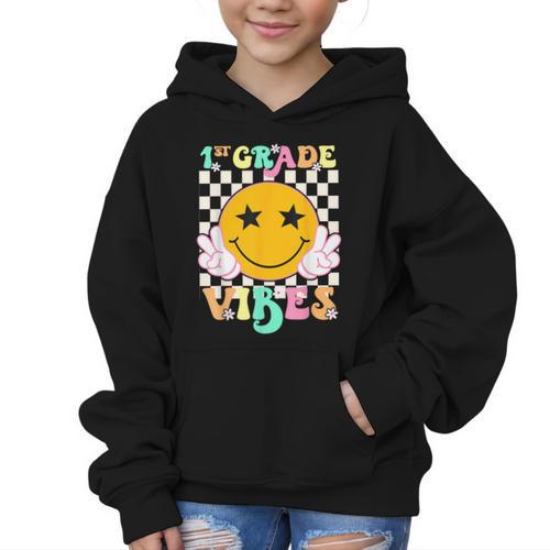 Girls 1st Grade Vibes Smile Face Back To School 1st Grade Graphic Kid Hoodie - Savourry