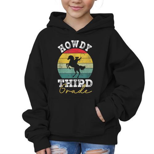 Howdy 3rd Grade Cowboy Western Back To School Third Grade Graphic Kid Hoodie - Savourry