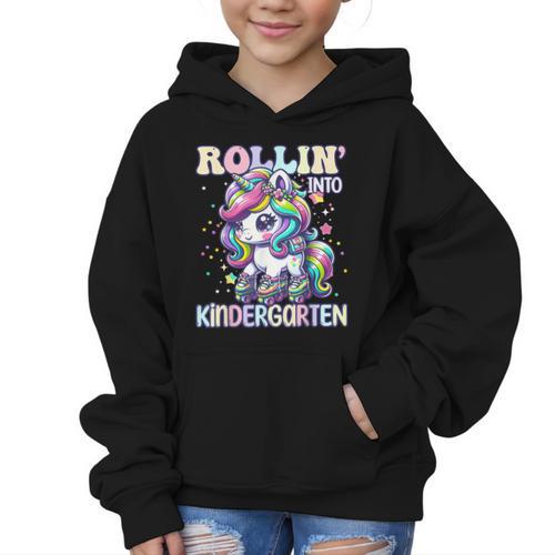 Kindergarten Back To School First Day Girls Rollin Unicorn Graphic Kid Hoodie - Savourry