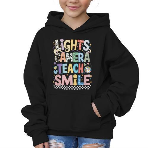 Lights Camera Teach Smile Back To School Awesome Learners Graphic Kid Hoodie - Savourry