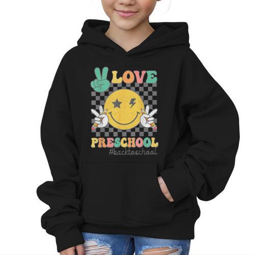 Peace Love Preschool Smile Face Back To School PRESCHOOL Graphic Kid Hoodie - Savourry