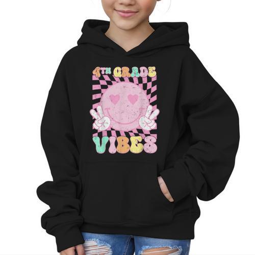 Pink 4th Grade Vibes Smile Face Back To School Fourth Grade Graphic Kid Hoodie - Savourry
