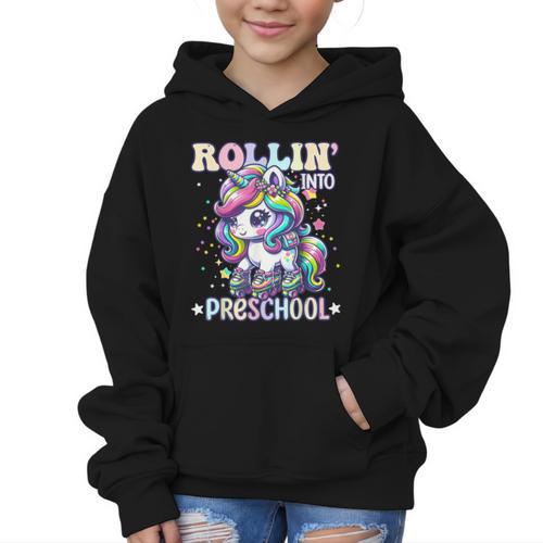 Preschool Back To School First Day Girls PreK Rollin Unicorn Graphic Kid Hoodie - Savourry