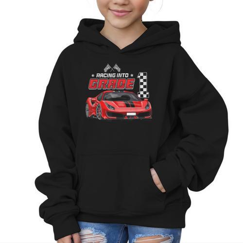 Racing Into 1st Grade Race Car Back To School Boys Graphic Kid Hoodie - Savourry