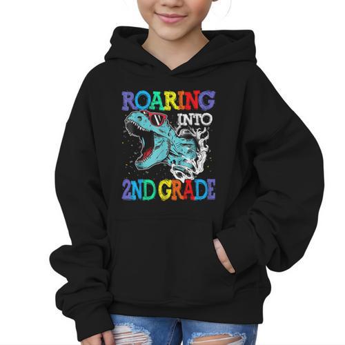 Roaring Into 2Nd Grade Dinosaur T Rex Back To School Graphic Kid Hoodie - Savourry