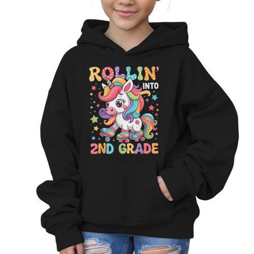 Second Grade Back To School First Day Girls Rollin Unicorn Graphic Kid Hoodie - Savourry