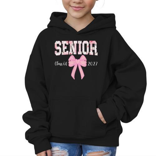 Senior 2027 Floral Pink Bow Back To School Class Of 2027 Graphic Kid Hoodie - Savourry