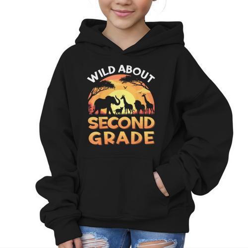 Wild About Second Grade Zoo Animals Back To School Safari Graphic Kid Hoodie - Savourry