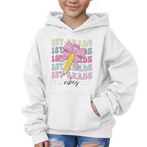 1st Grade Vibes Girl Coquette Bow First Grade Back To School Graphic Kid Hoodie - Savourry