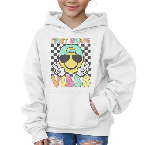 1st Grade Vibes Smile Face Back To School First Grade Graphic Kid Hoodie - Savourry