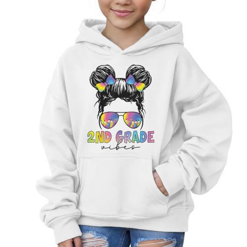 2nd Grade Vibes Messy Hair Bun Girl Back To School First Day Graphic Kid Hoodie - Savourry