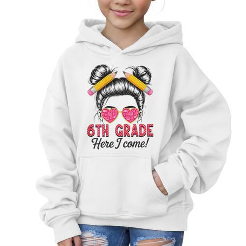 6th Grade Here I Come Messy Bun Hair Back To School Girls Graphic Kid Hoodie - Savourry
