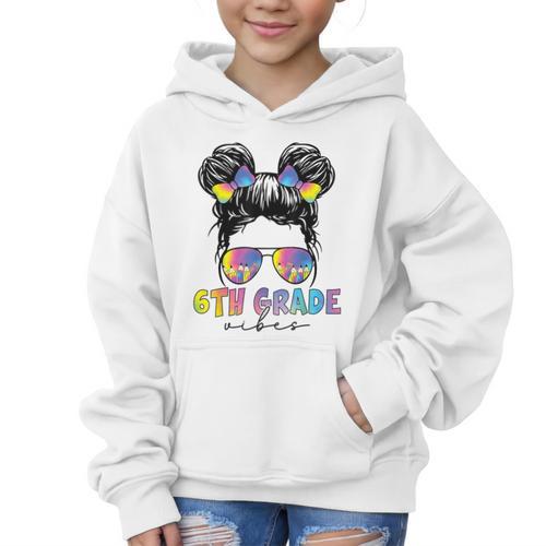6th Grade Vibes Messy Hair Bun Girl Back To School First Day Graphic Kid Hoodie - Savourry