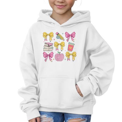 Apple Coquette Bow Books First Day Of School Back To School Graphic Kid Hoodie - Savourry