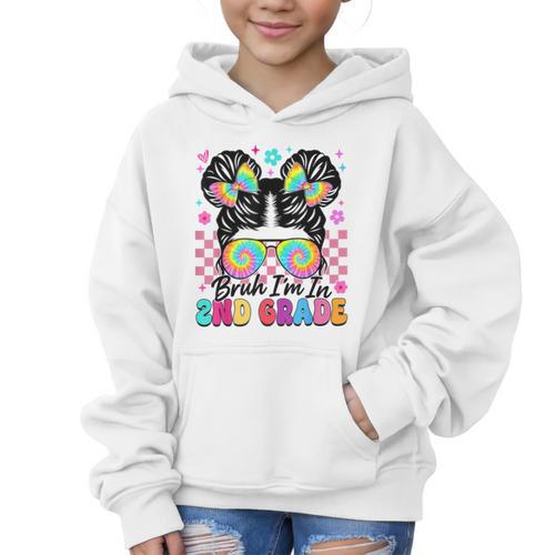 Back To School Bruh I'm In 2nd Grade Cute Girls Messy Bun Graphic Kid Hoodie - Savourry