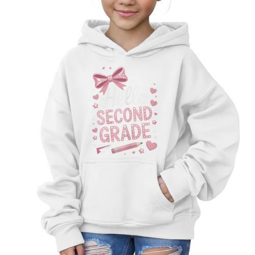 Back To School Cute Pink Coquette Girls Hello Second Grade Graphic Kid Hoodie - Savourry