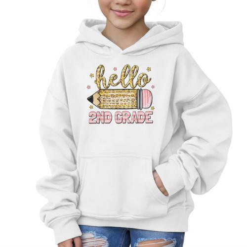 Back To School Hello Second 2nd Grade Leopard Pencil Girl Graphic Kid Hoodie - Savourry