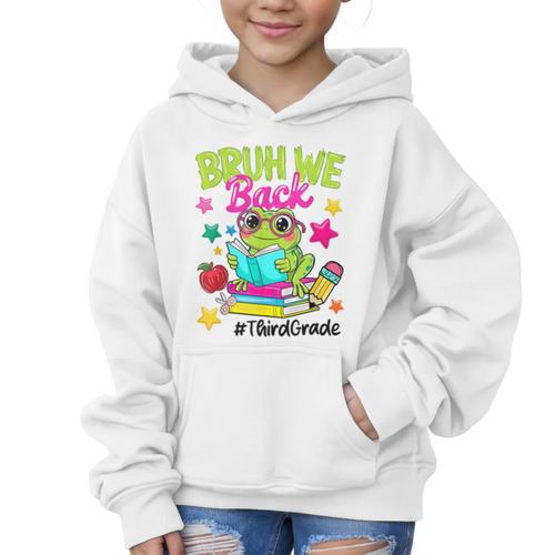 Bruh We Back Third Grade Cute Frog Back To School Graphic Kid Hoodie - Savourry