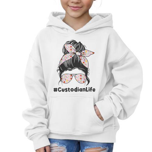 Custodian Life Messy Bun Hair Glasses Leopard Back To School Graphic Kid Hoodie - Savourry