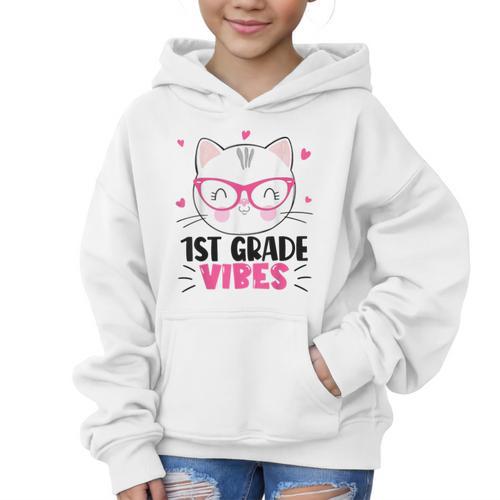 Cute 1st Grade Vibes Cat Kitten Lover Back To School Girls Graphic Kid Hoodie - Savourry