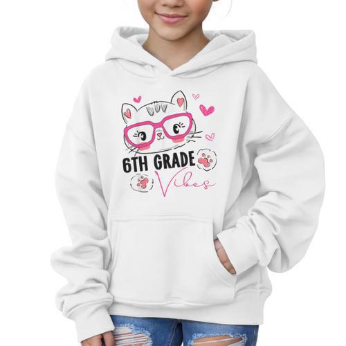 Cute 6th Grade Vibes Cat Kitten Lover Back To School Girls Graphic Kid Hoodie - Savourry