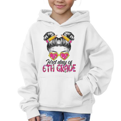 First Day Of 6th Grade Messy Hair Bun Girl Back To School Graphic Kid Hoodie - Savourry