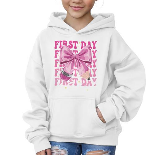 First Day Of School Girls Coquette Bow Back To School Performance Graphic Kid Hoodie - Savourry