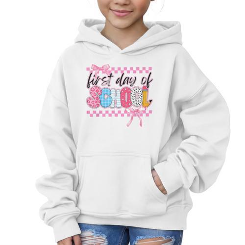 Girl First Day Of School Coquette Bow Pink Back To School Graphic Kid Hoodie - Savourry