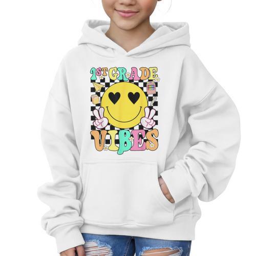 Girls 1st Grade Vibes Smile Face Back To School First Grade Graphic Kid Hoodie - Savourry