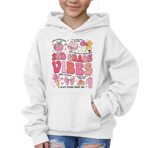 Girls 2nd Grade Vibes Coquette Pink Bow Back To School Graphic Kid Hoodie - Savourry