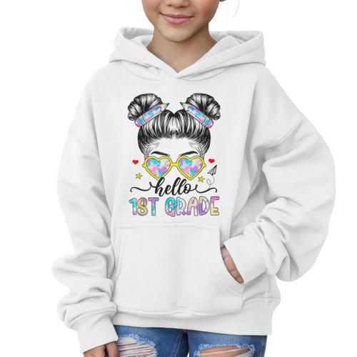 Hello 1st Grade Messy Bun Girl Back To School First Day Graphic Kid Hoodie - Savourry
